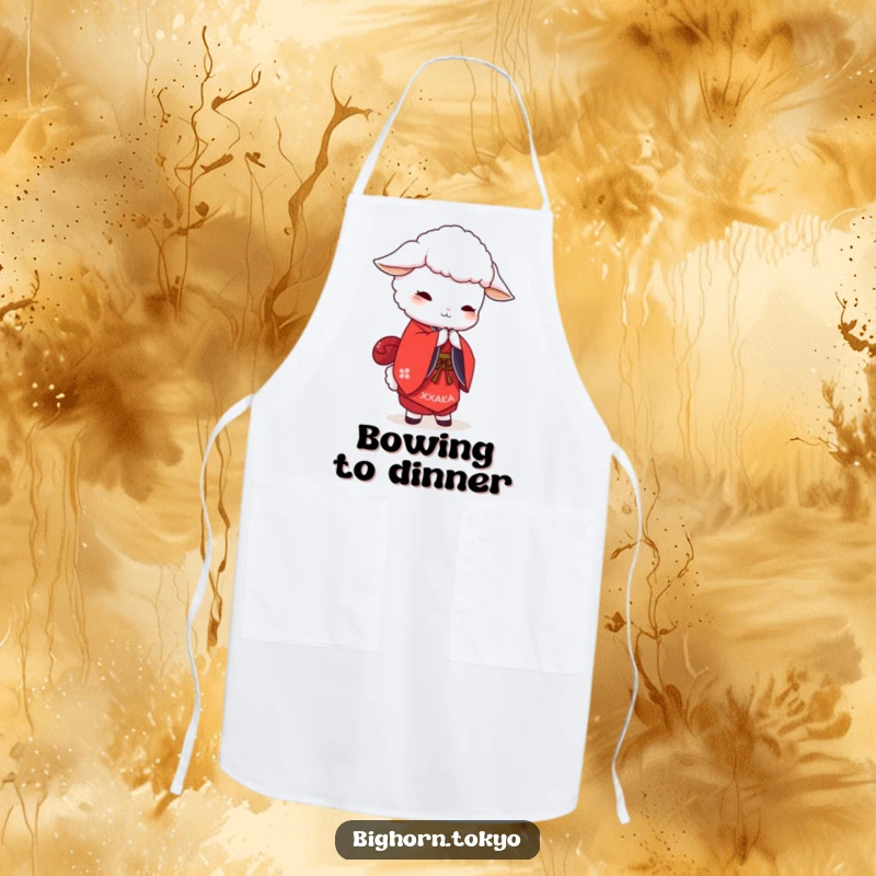 Funny white sheep in a red kimono, bowing elegantly while cooking, a humorous and practical kitchen accessory.