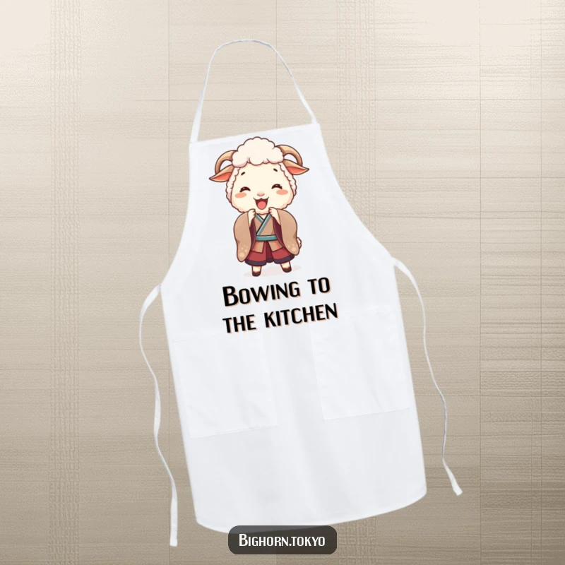 Funny Playful Sheep Kimono Bow Apron: A cheerful apron with a funny sheep in a kimono bowing playfully, perfect for kitchen fun.