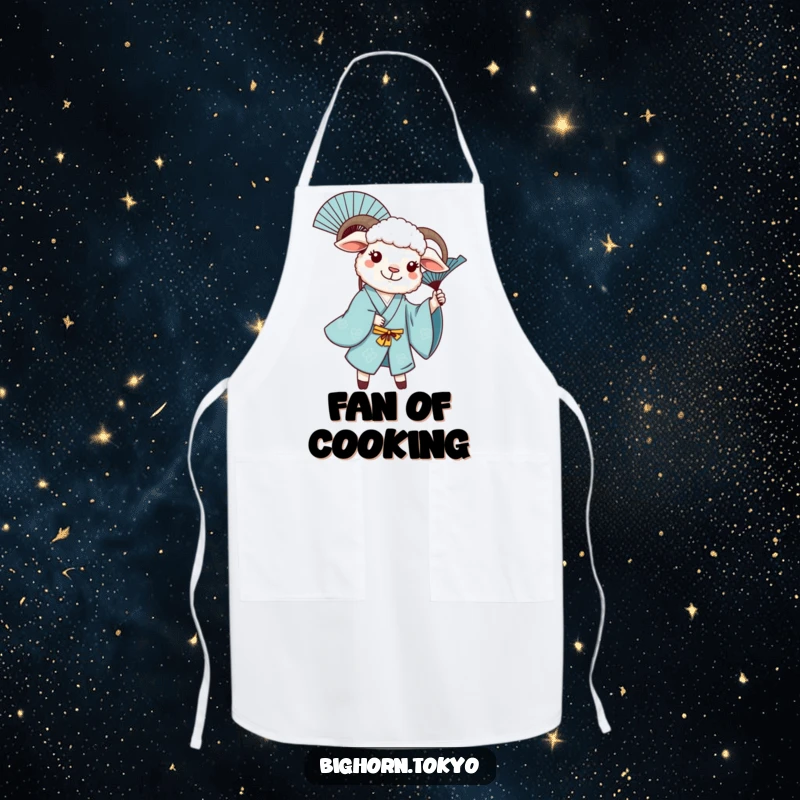 Funny sheep in a blue kimono, joyfully twirling a decorative fan, a humorous and practical kitchen accessory.