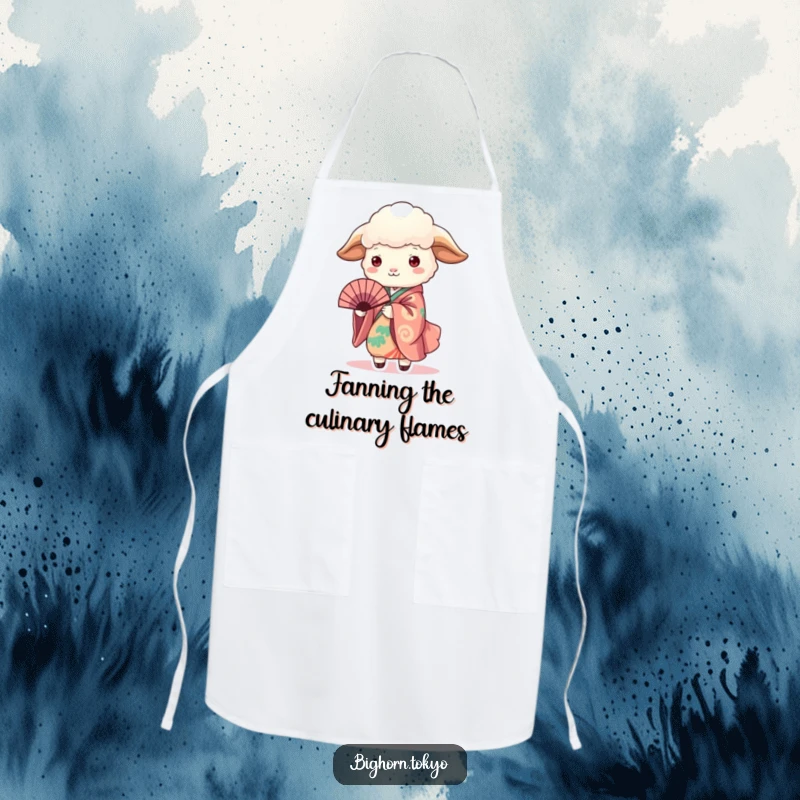 Funny Sheep in Kimono Holding Fan Apron: A stylish apron with a funny sheep in a kimono holding a fan, perfect for culinary humor.