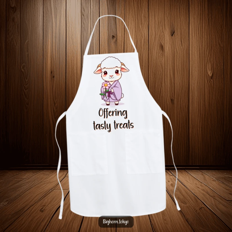 Funny sheep in a lavender kimono, gently offering a stylized flower, a humorous and practical kitchen accessory.