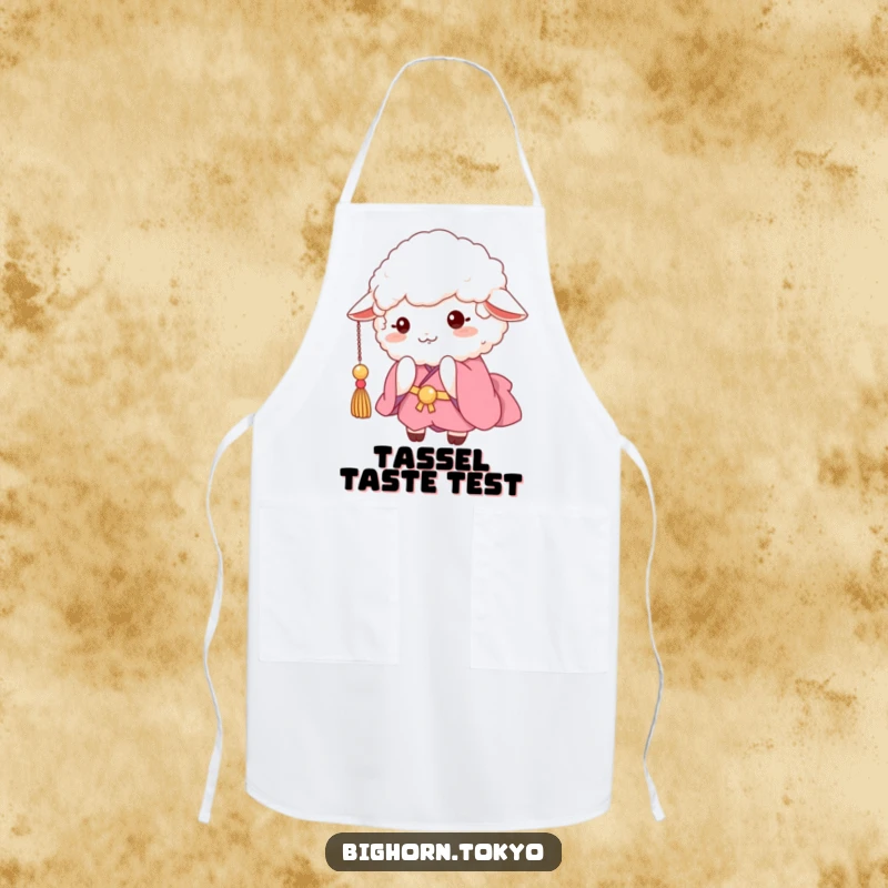 Funny fluffy sheep in a pink kimono, playfully batting at a dangling tassel, a humorous and practical kitchen accessory.