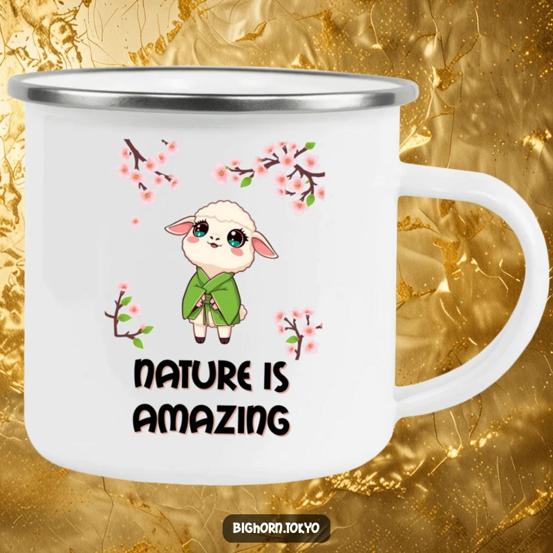 Funny sheep in a green kimono, looking up with wide, amazed eyes at cherry blossoms, a durable and humorous camping mug.