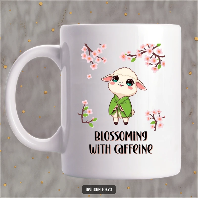 Funny sheep in a green kimono, looking up with wide, amazed eyes at delicate cherry blossoms.