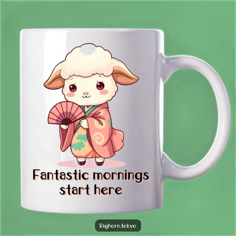 Funny Sheep in Kimono Holding Fan Mug: A Whimsical and Elegant Funny Gift