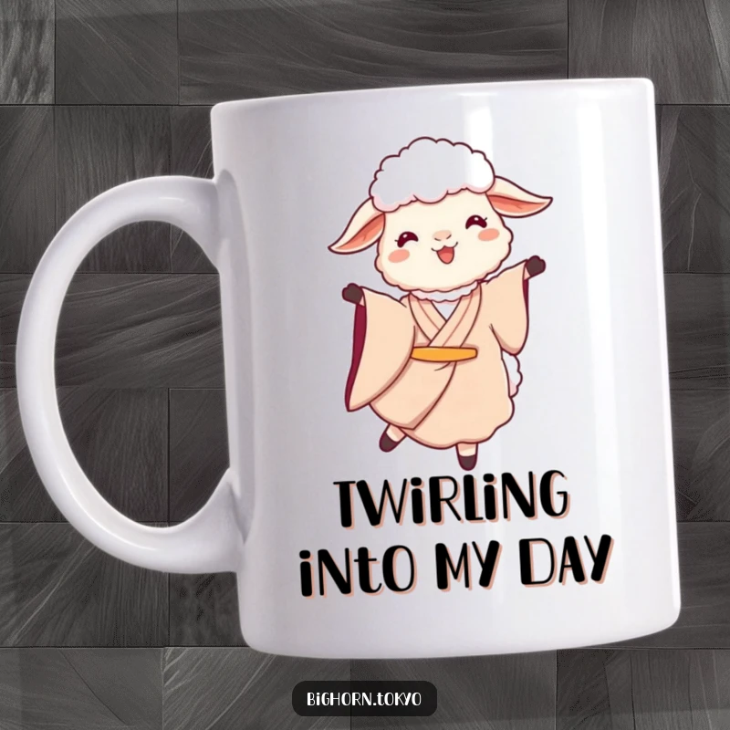 Funny Sheep Kimono Twirl Mug: A graceful sheep in a kimono twirls serenely, embodying joy and artistic movement with humor.