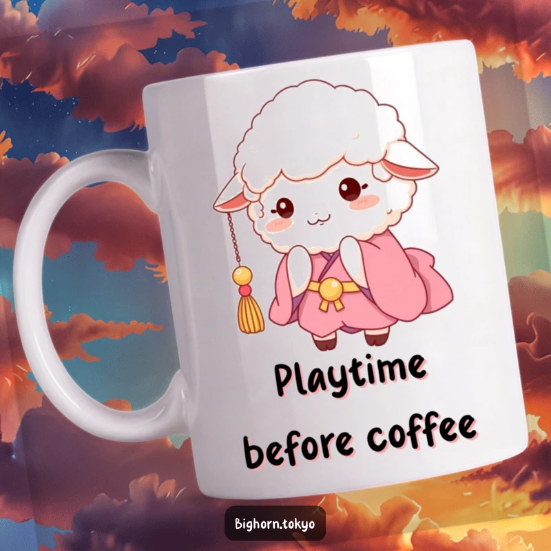 Funny fluffy sheep in a pink kimono, playfully batting at a dangling tassel with a curious expression.