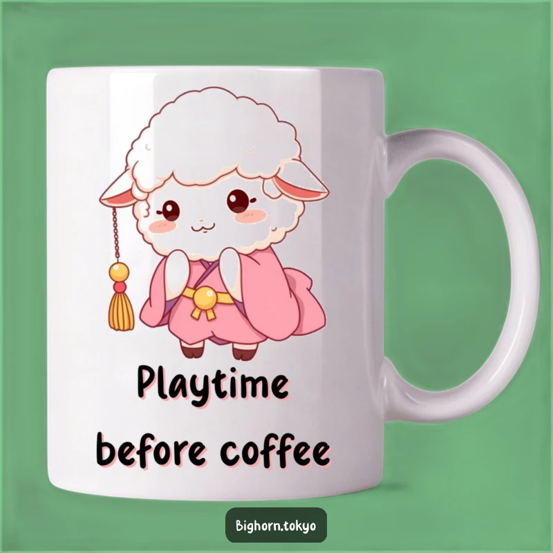 Funny Fluffy Sheep Pink Kimono Mug: Playful Tassel Batting Humor