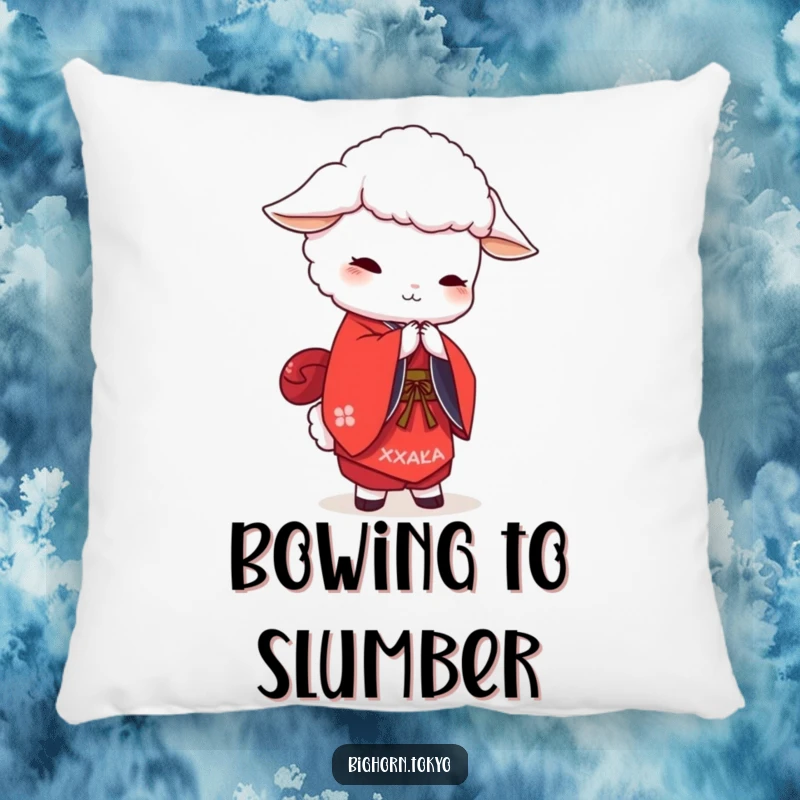 Funny white sheep in a red kimono, bowing gently, a soft and humorous decorative pillow for lightheartedness.