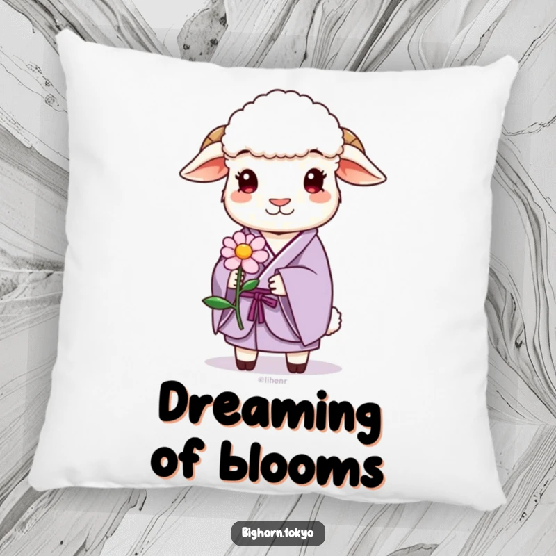 Funny sheep in a lavender kimono, gently offering a stylized flower, a soft and humorous decorative pillow.