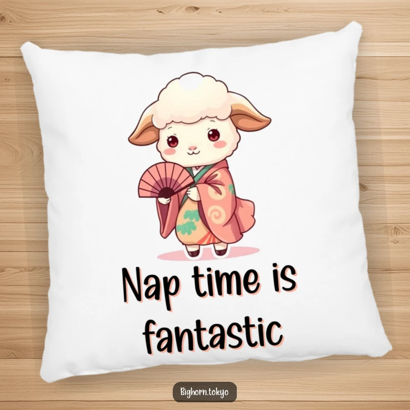 Funny Sheep in Kimono Holding Fan Pillow: A soft pillow showcasing a funny sheep in a kimono holding a fan, for delightful relaxation.