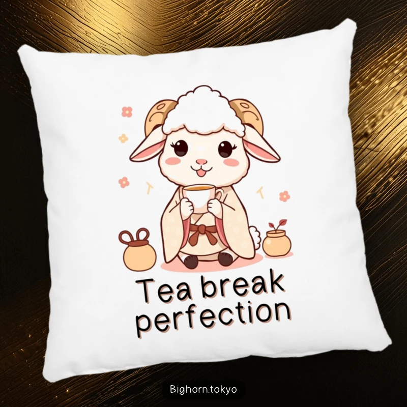 Soft Funny Sheep Kimono Tea Pillow: A comfortable pillow with a funny sheep in a kimono delicately sipping tea, perfect for peaceful rest.