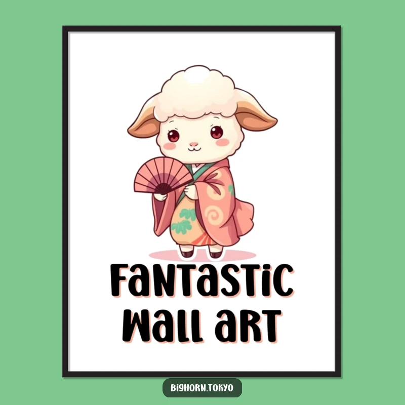 Funny Sheep in Kimono Holding Fan Digital Art: Instant Elegant Humor for Your Walls