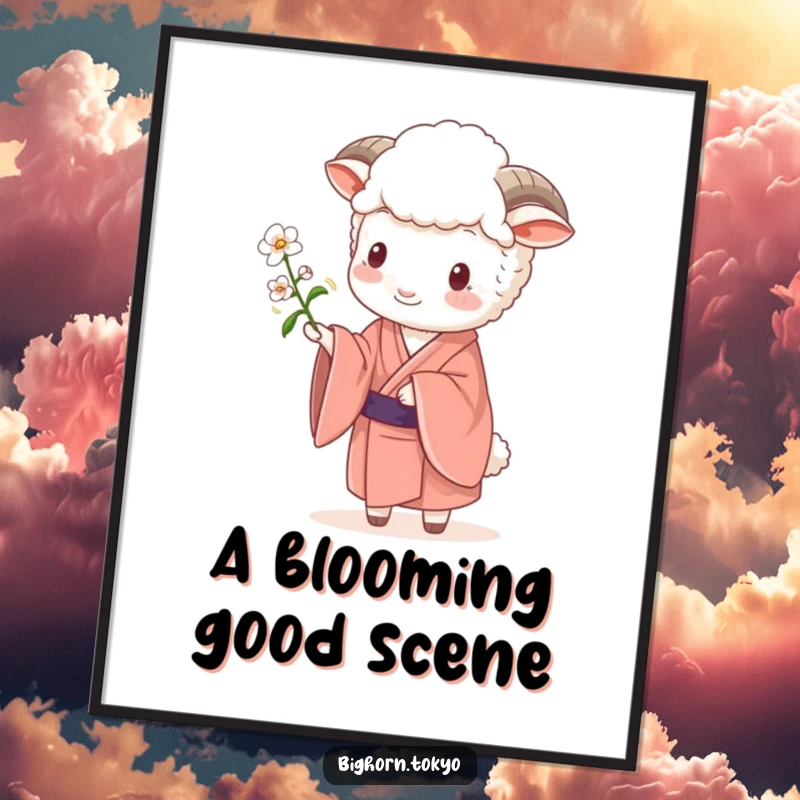 Funny Sheep Kimono Blossom Digital Art: High-resolution art of a funny sheep in a kimono offering a blossom, embodying serene beauty.