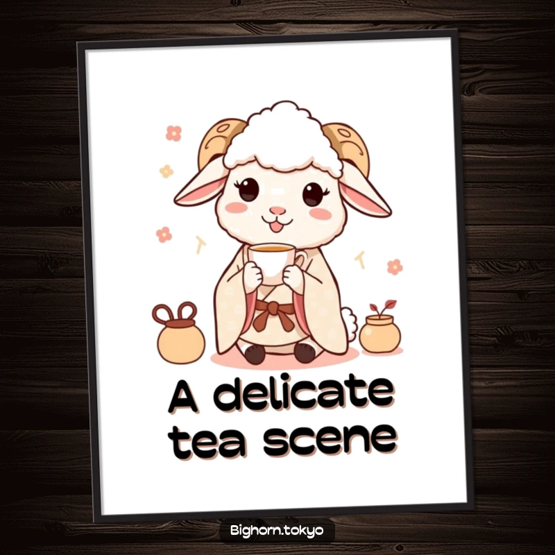 Funny Sheep Kimono Tea Digital Art: High-resolution art of a funny sheep in a kimono sipping tea delicately, embodying peaceful joy.