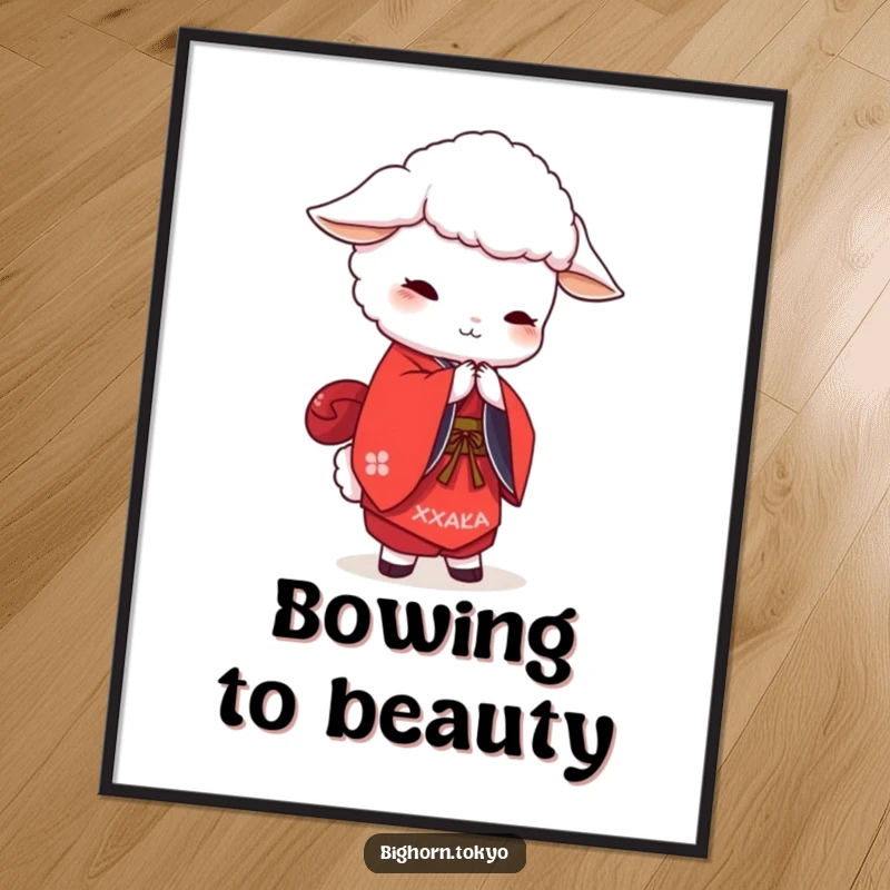 Funny white sheep in a vibrant red kimono, bowing gracefully, high-resolution digital art print for humorous decor.