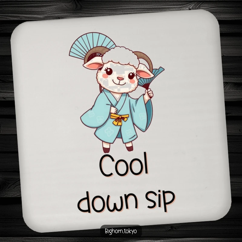 Funny sheep in a blue kimono, joyfully twirling a decorative fan, a humorous and protective drink coaster.