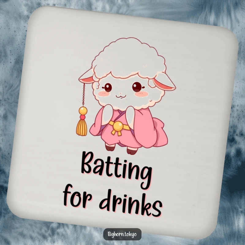 Funny fluffy sheep in a pink kimono, playfully batting at a dangling tassel, a humorous and protective drink coaster.