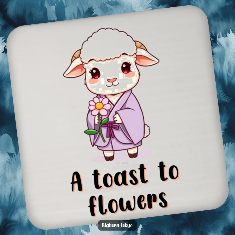 Funny sheep in a lavender kimono, gently offering a stylized flower, a humorous and protective drink coaster.