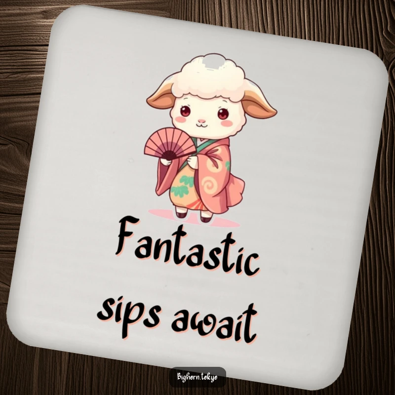 Funny Sheep in Kimono Holding Fan Coasters: Elegant coasters featuring a funny sheep in a kimono holding a fan, protecting surfaces with style.