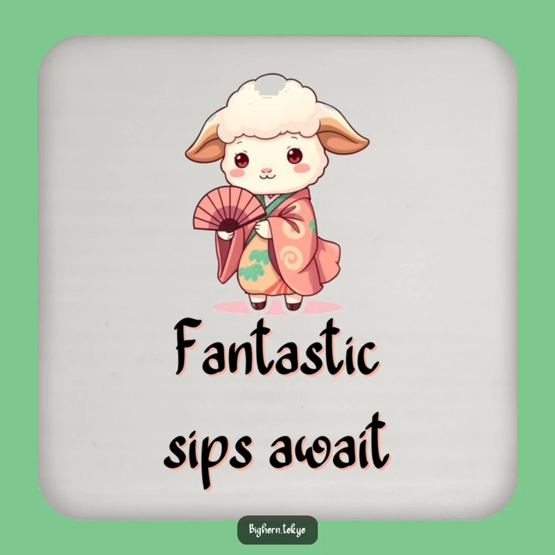 Protect Surfaces with Funny Sheep in Kimono Holding Fan Coasters