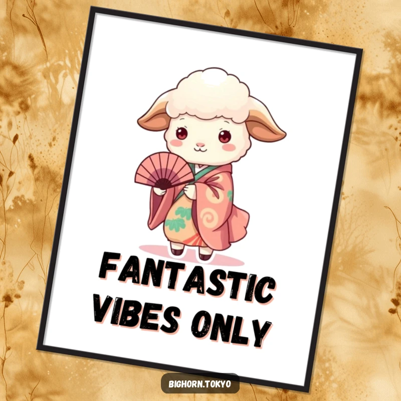 Funny Sheep in Kimono Holding Fan Poster: Elegant wall art featuring a funny sheep in a kimono holding a fan, radiating peaceful charm.