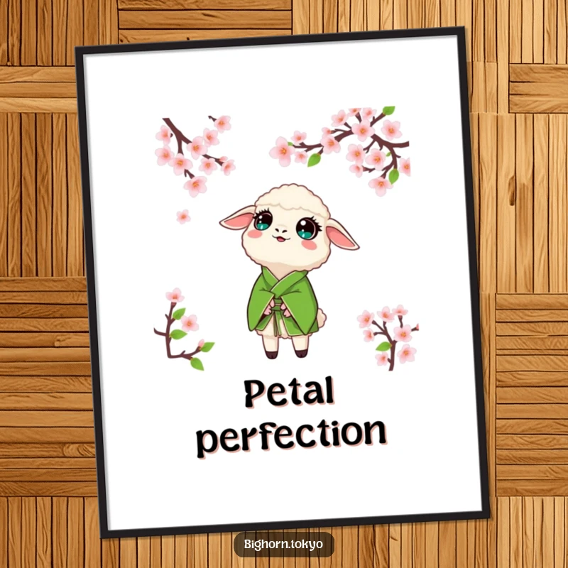 Funny sheep in a green kimono, looking up with wide, amazed eyes at cherry blossoms, beautiful and humorous wall art.