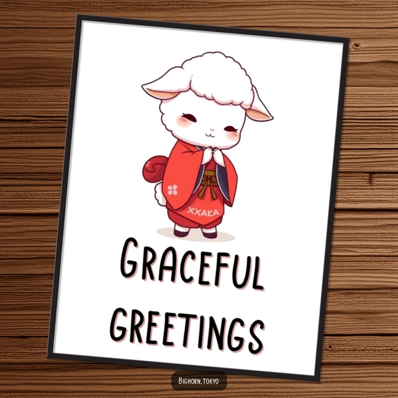 Funny white sheep in a red kimono, bowing gracefully, adding a touch of elegance and humor to wall art.