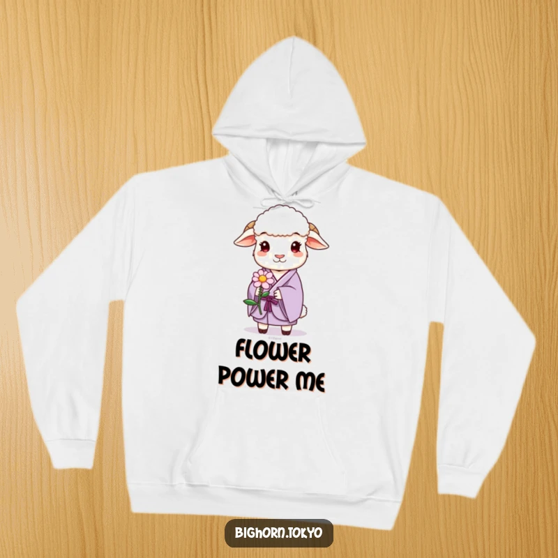 Funny sheep in a lavender kimono, gently offering a stylized flower, a cozy and humorous hoodie for spreading cheer.