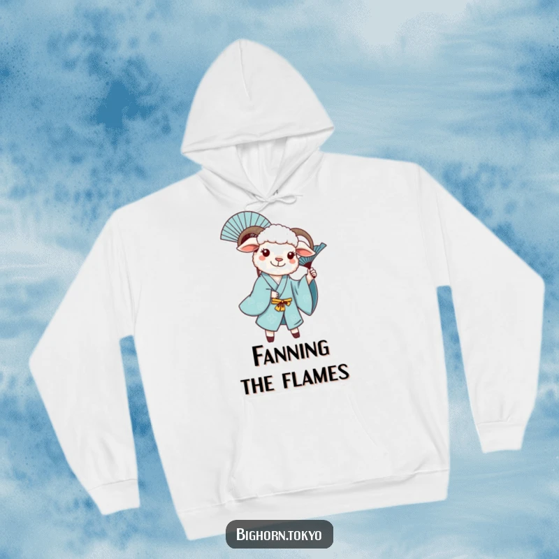 Funny sheep in a blue kimono, joyfully twirling a decorative fan, a warm and humorous hoodie for casual wear.