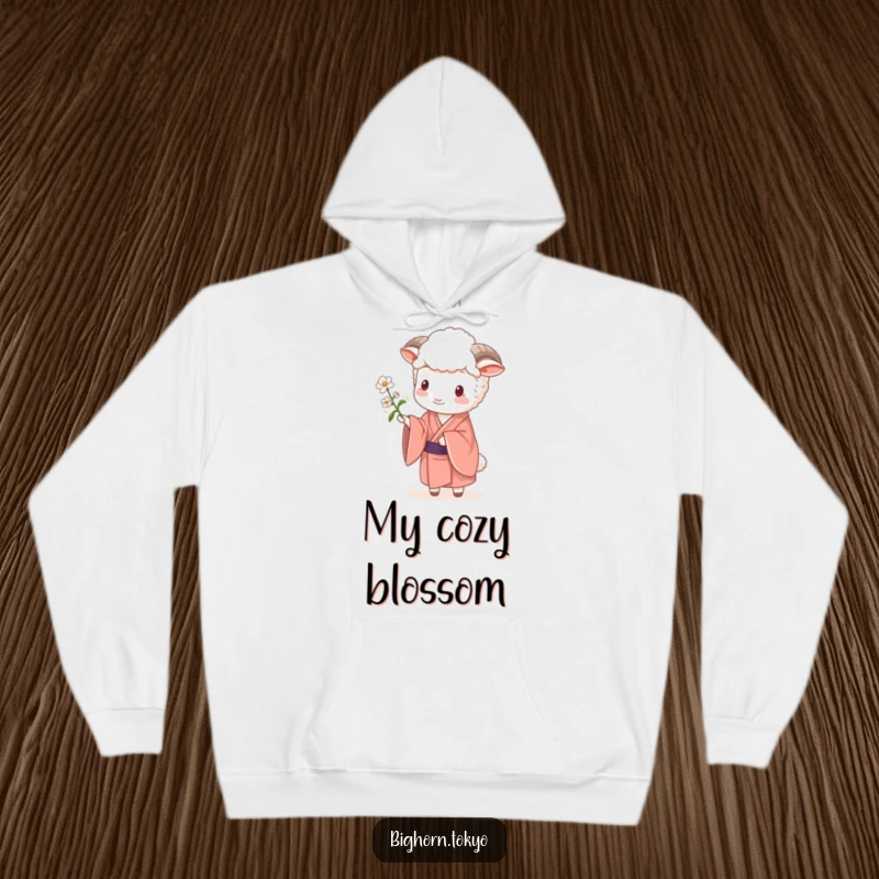 Cozy Funny Sheep Kimono Blossom Hoodie: A comfortable hoodie with a funny sheep in a kimono offering a blossom, perfect for peaceful relaxation.