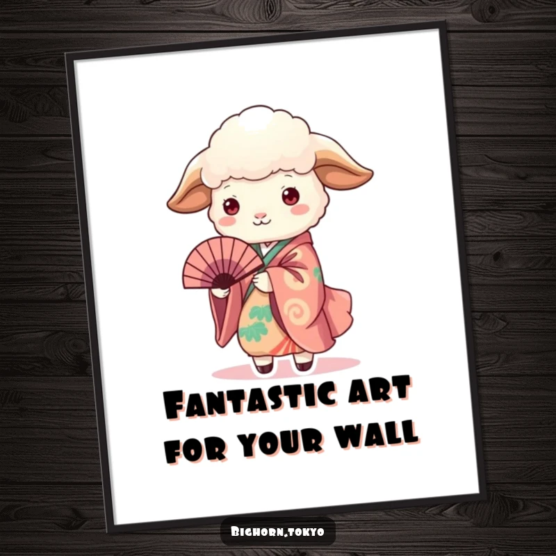 Funny free printable wall art: A cute sheep dressed in a vibrant kimono, gracefully holding a fan, adding charm.