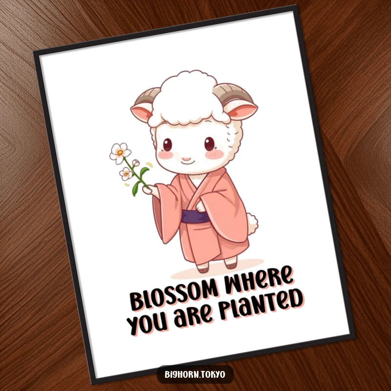 Funny free printable wall art: A sheep in a flowing kimono gracefully offers a small blossom, adding beauty.