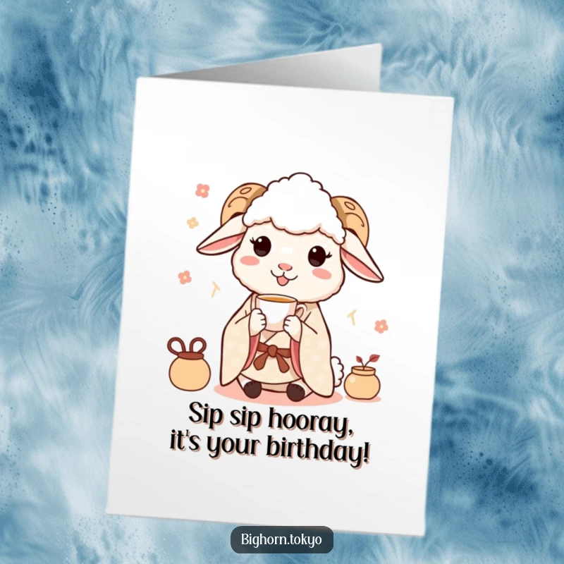 Funny free printable birthday card: A happy sheep in a kimono delicately sips tea, wishing a delightful birthday.