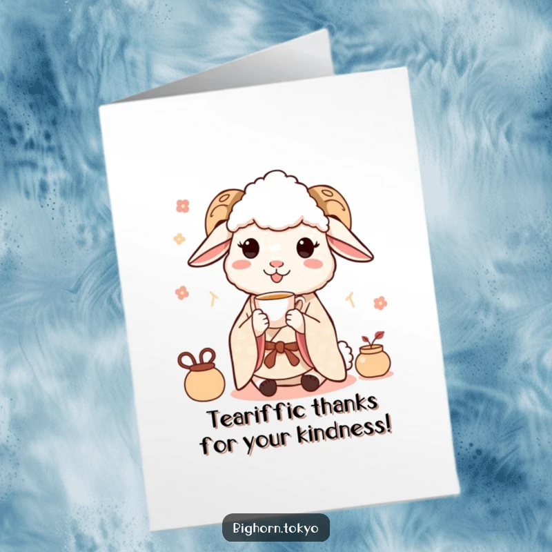 Funny free printable thank you card: A happy sheep in a kimono delicately sips tea, offering thanks.