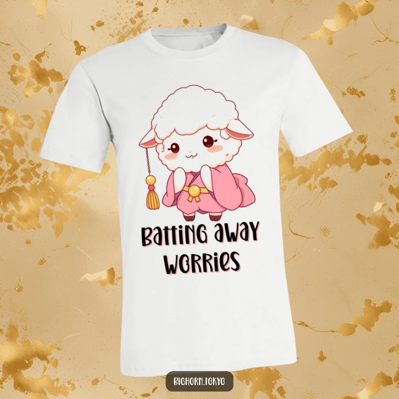 Funny fluffy sheep in a pink kimono, playfully batting at a dangling tassel, exuding charming and humorous mischief.