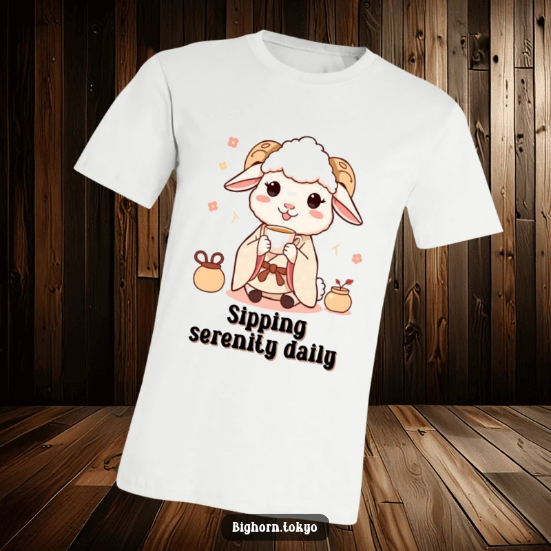 Funny Sheep Kimono Tea Time T-Shirt: A happy sheep in a kimono enjoys tea delicately, symbolizing relaxation and gentle humor.