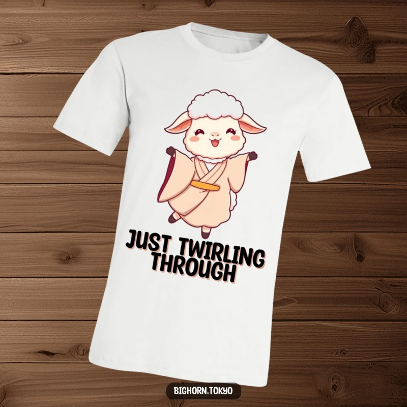 Funny Sheep Kimono Twirl T-Shirt: A serene sheep in a kimono twirls gracefully, symbolizing joy, freedom, and gentle humor.