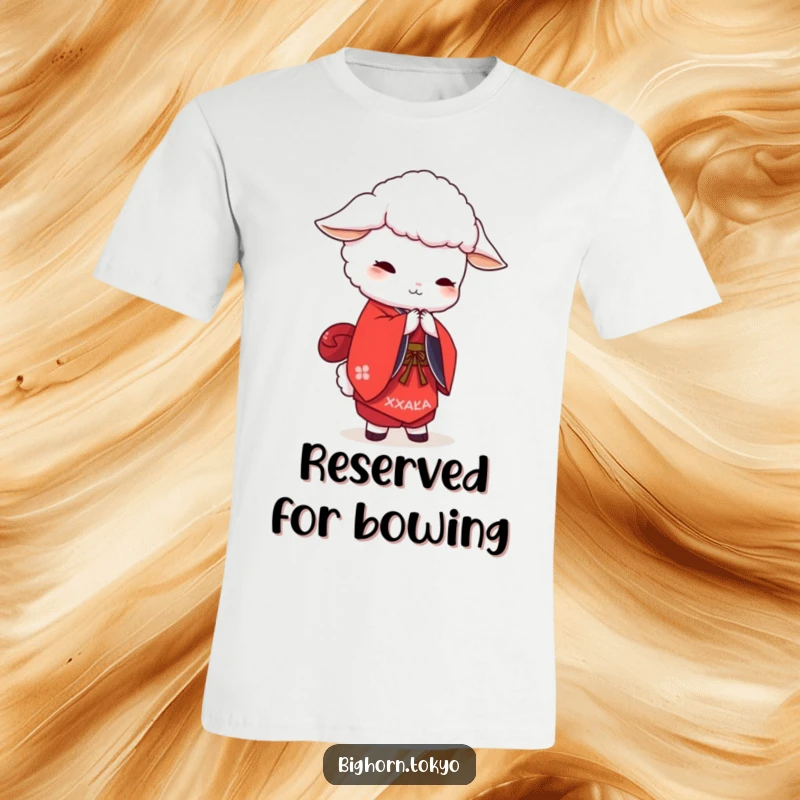 Funny white sheep character in a vibrant red kimono, performing a graceful bow, symbolizing elegance and humor.