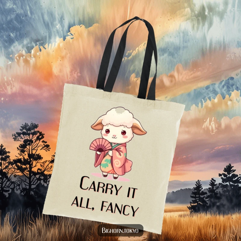 Funny Sheep in Kimono Holding Fan Tote Bag: A chic tote with a funny sheep in a kimono holding a fan, perfect for everyday humor.