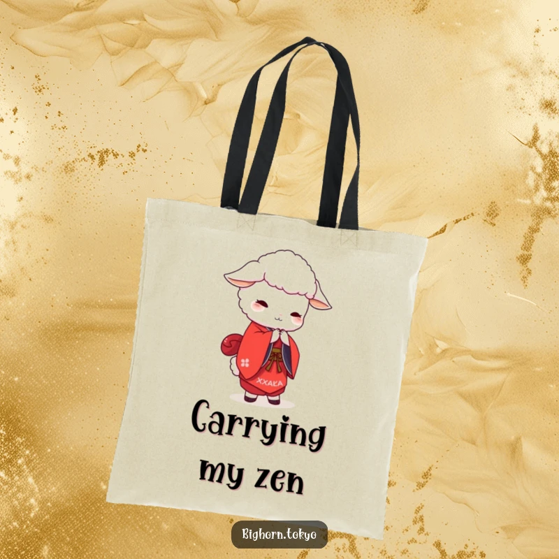 Funny white sheep wearing a red kimono, executing a graceful bow, perfect for a stylish and humorous tote.