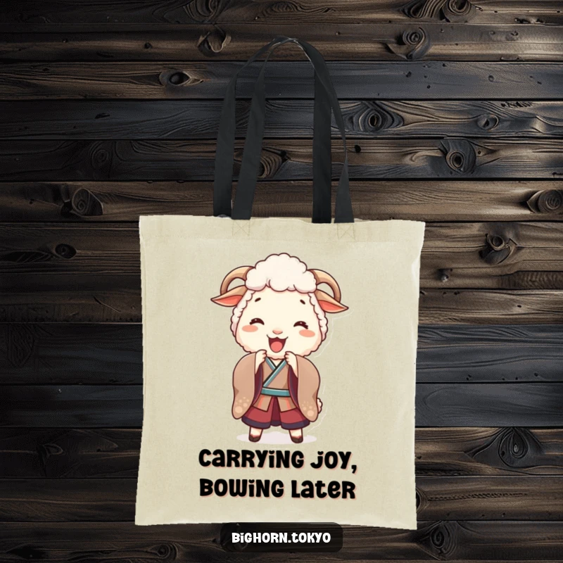 Funny Joyful Sheep Kimono Bow Tote Bag: A sturdy tote featuring a funny sheep in a kimono bowing playfully, perfect for carrying happiness.