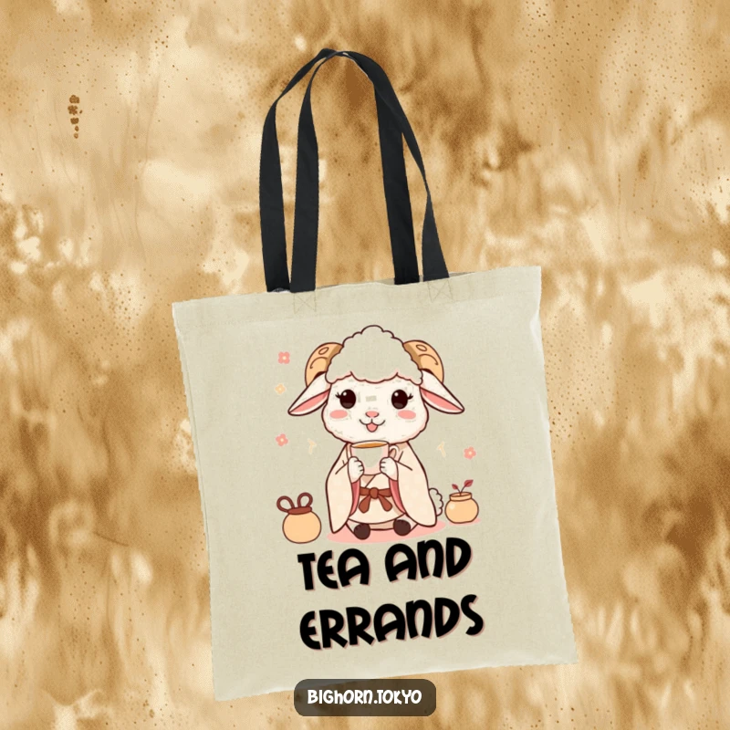 Funny Sheep Kimono Tea Time Tote Bag: A chic tote with a funny sheep in a kimono delicately sipping tea, perfect for carrying calm.