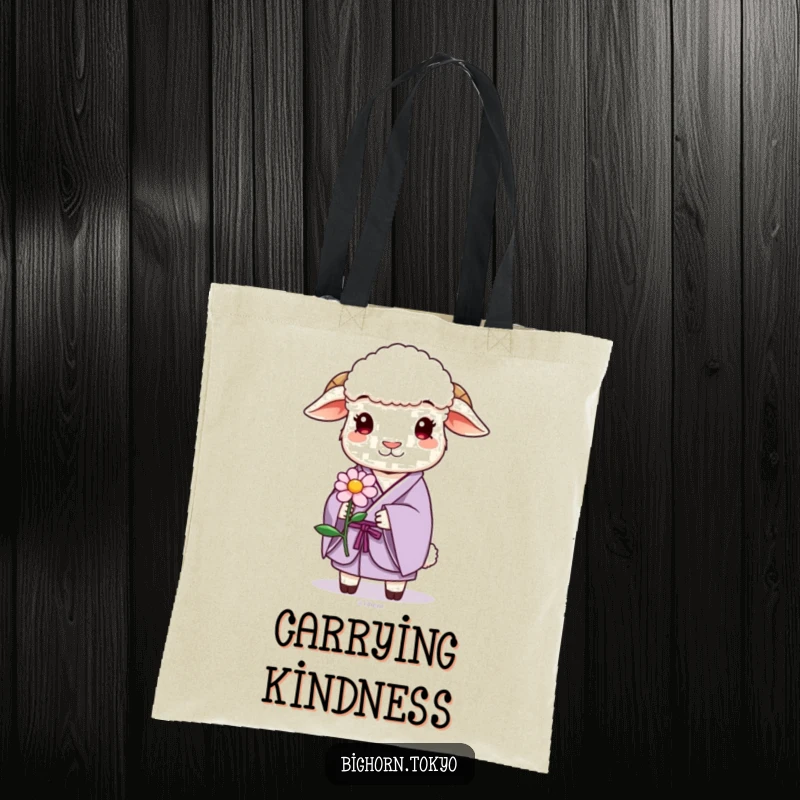Funny sheep in a lavender kimono, gently offering a stylized flower, a charming and humorous tote for kind gestures.